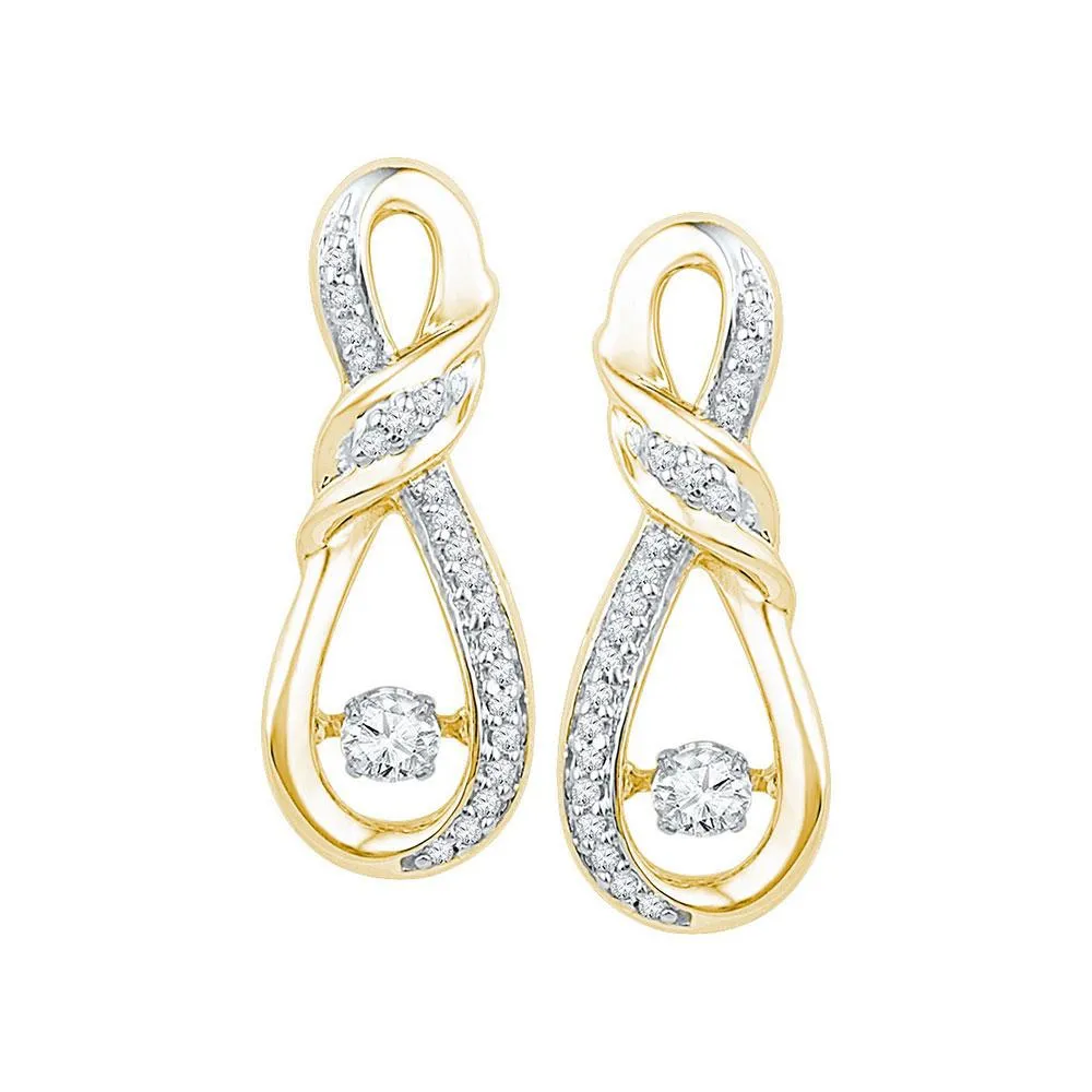 Round Diamond Moving Twinkle Solitaire Twist Ribbon Earrings in 10K Yellow Gold