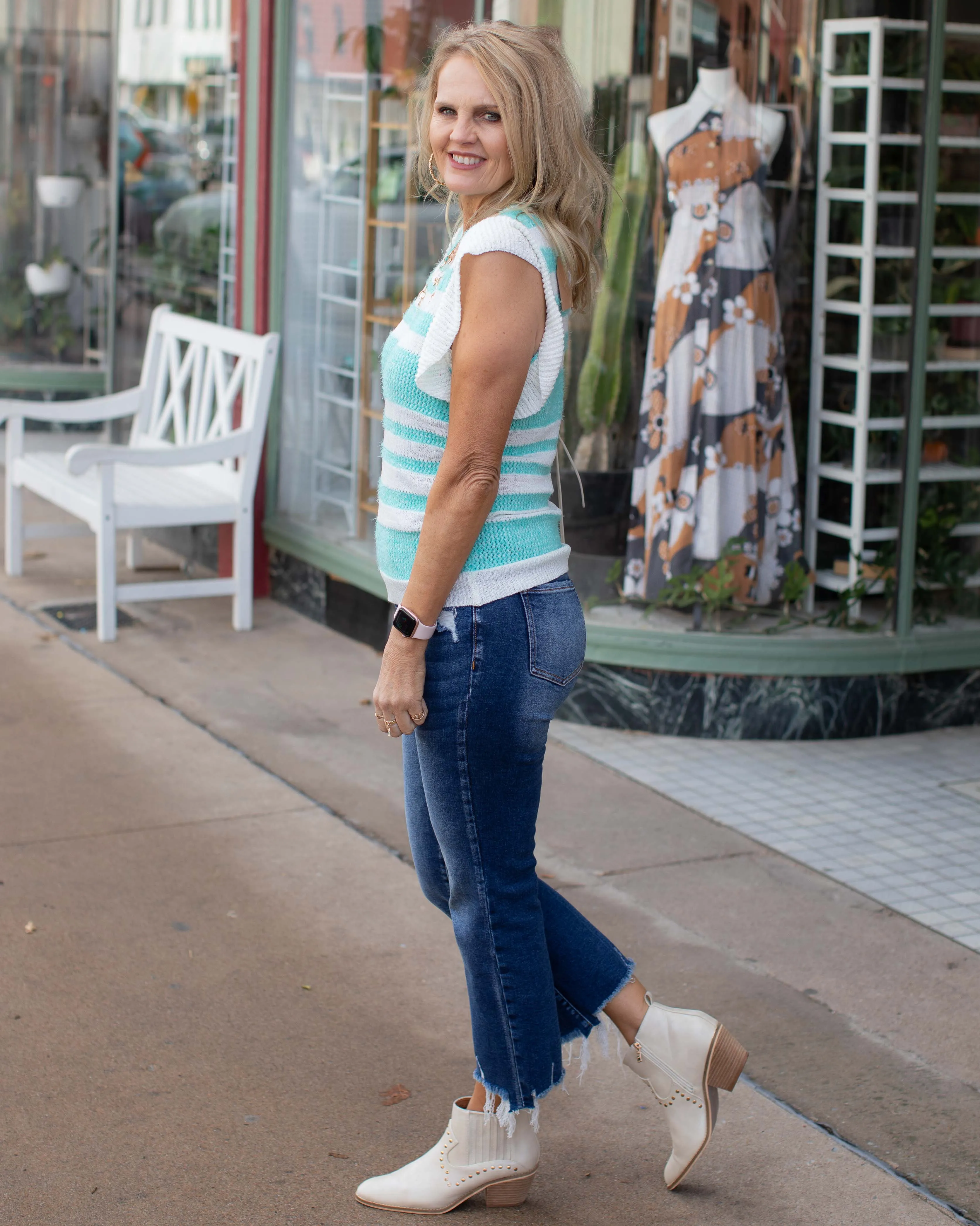 ROWAN STRIPE SWEATER WITH RUFFLE SLEEVE - OCEAN