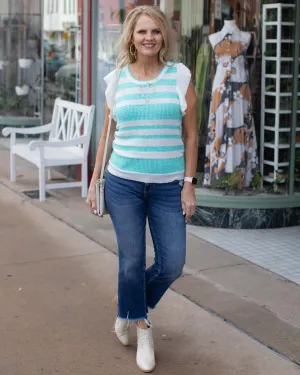 ROWAN STRIPE SWEATER WITH RUFFLE SLEEVE - OCEAN