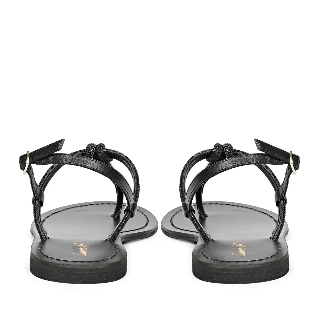 Saint Elsie Crystal Cord Black Leather Flat Sandals