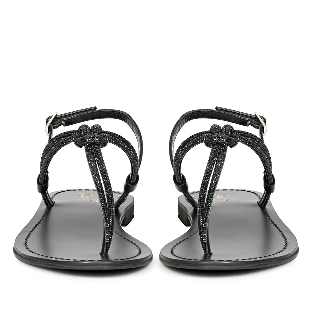 Saint Elsie Crystal Cord Black Leather Flat Sandals