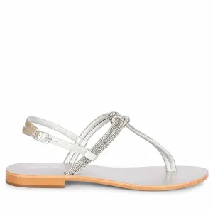 Saint Elsie Crystal Cord Silver Leather Flat Sandals