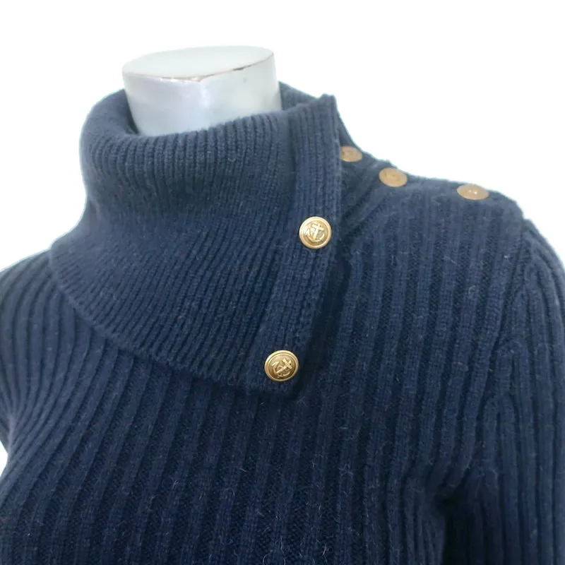 Saint Laurent Button-Embellished Sweater Dress Navy Ribbed Camel Wool Size Small