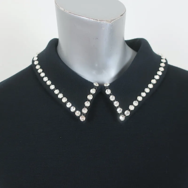 Saint Laurent Crystal-Embellished Collared Mini Dress Black Wool Cady Size 40