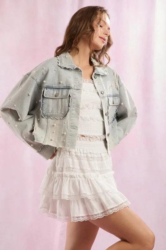 Scallop Detailed Pearl Embellished Denim Jacket
