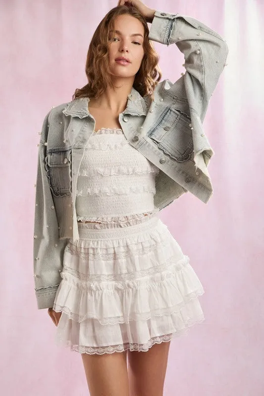 Scallop Detailed Pearl Embellished Denim Jacket