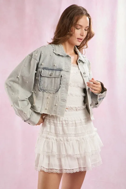 Scallop Detailed Pearl Embellished Denim Jacket