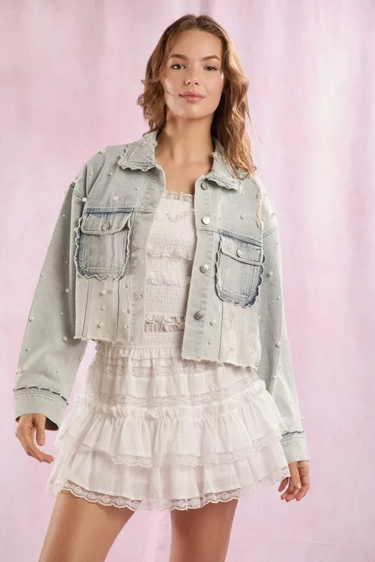 Scallop Detailed Pearl Embellished Denim Jacket
