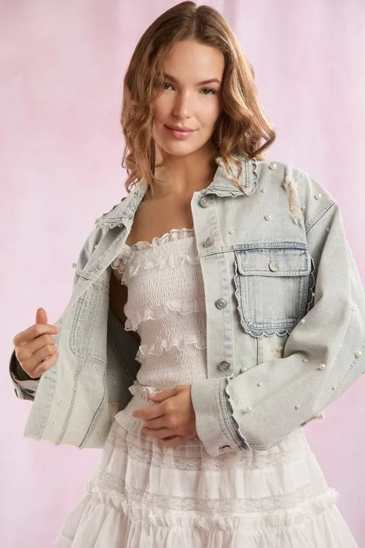 Scallop Detailed Pearl Embellished Denim Jacket
