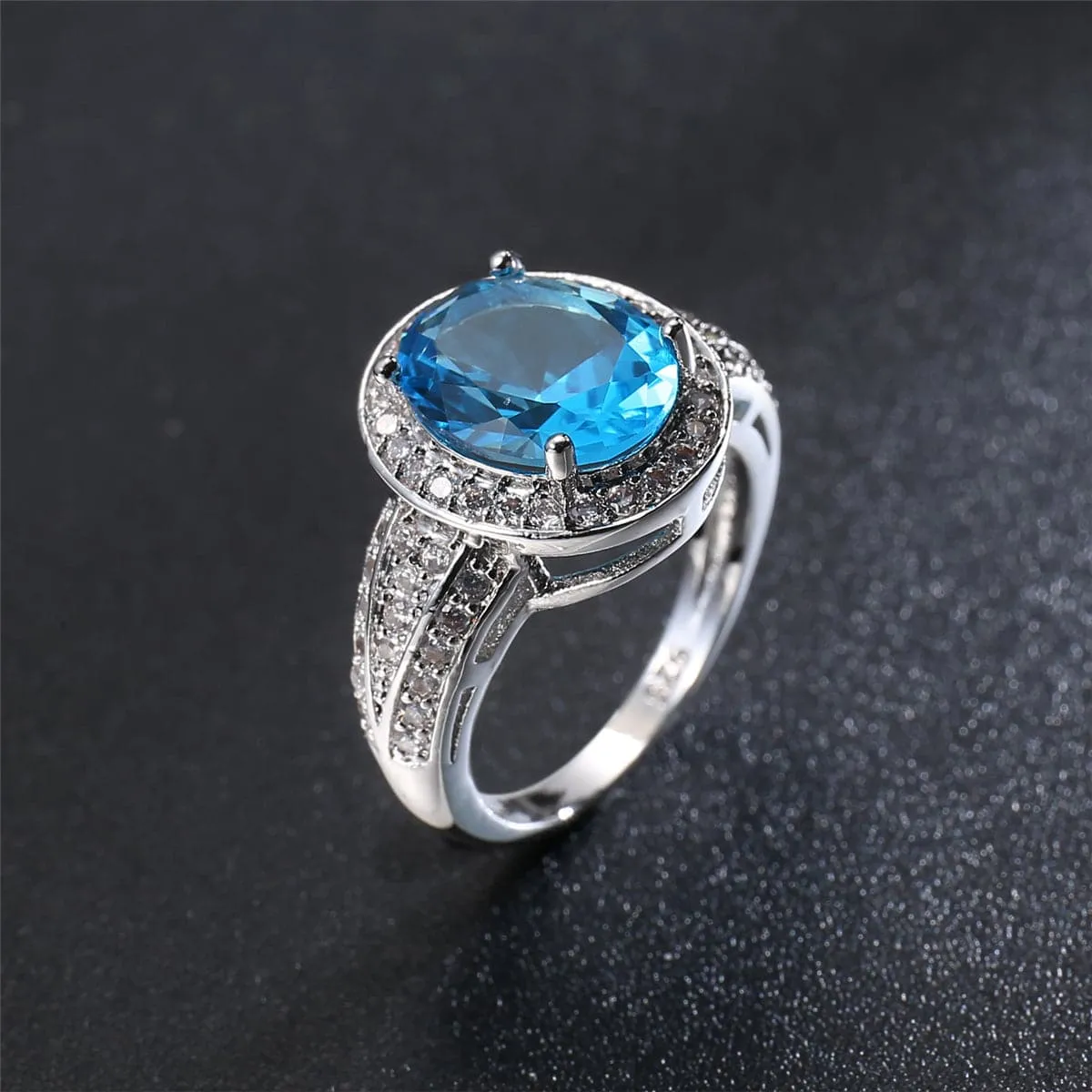 Sea Blue Crystal & Cubic Zirconia Silver-Plated Oval-Cut Ring
