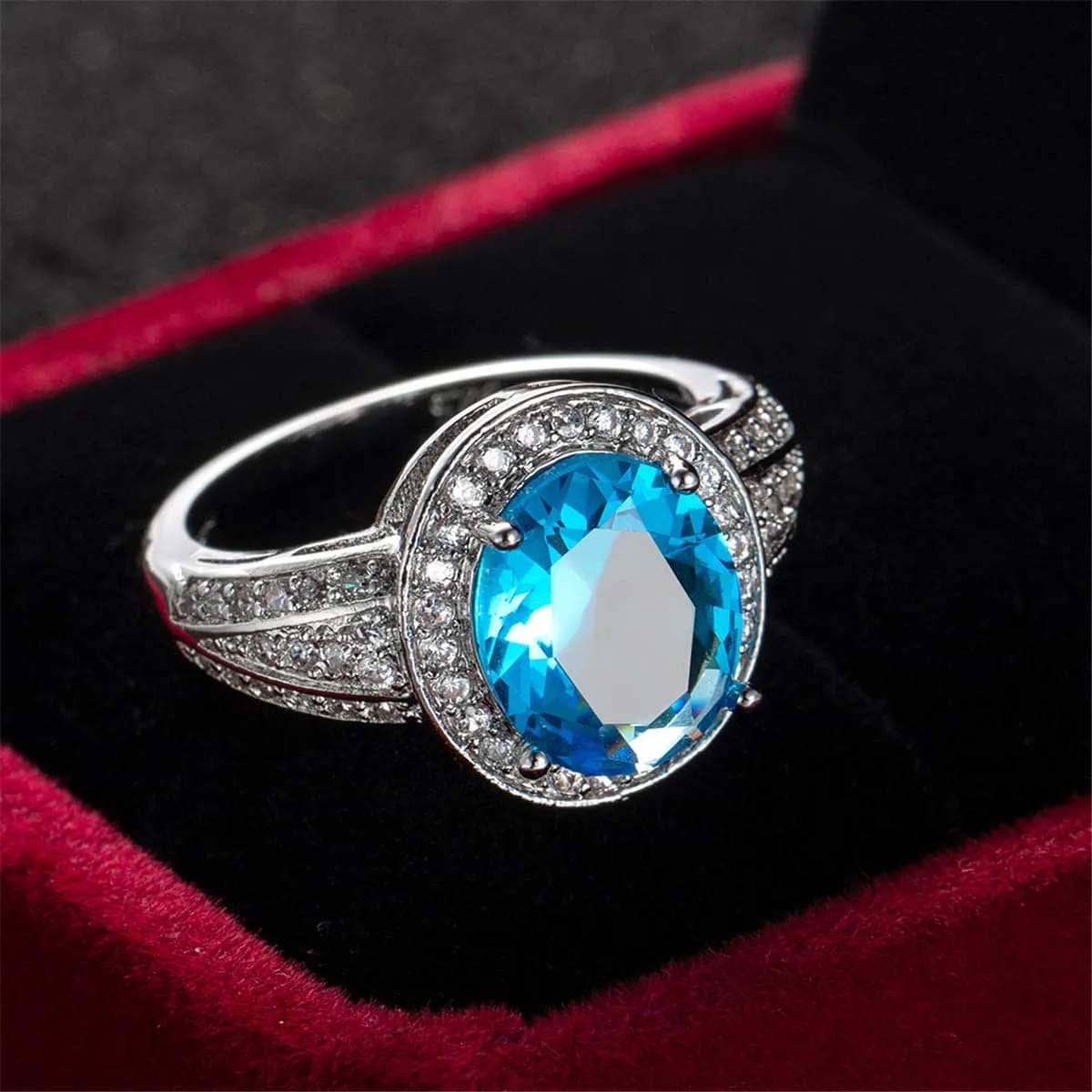 Sea Blue Crystal & Cubic Zirconia Silver-Plated Oval-Cut Ring