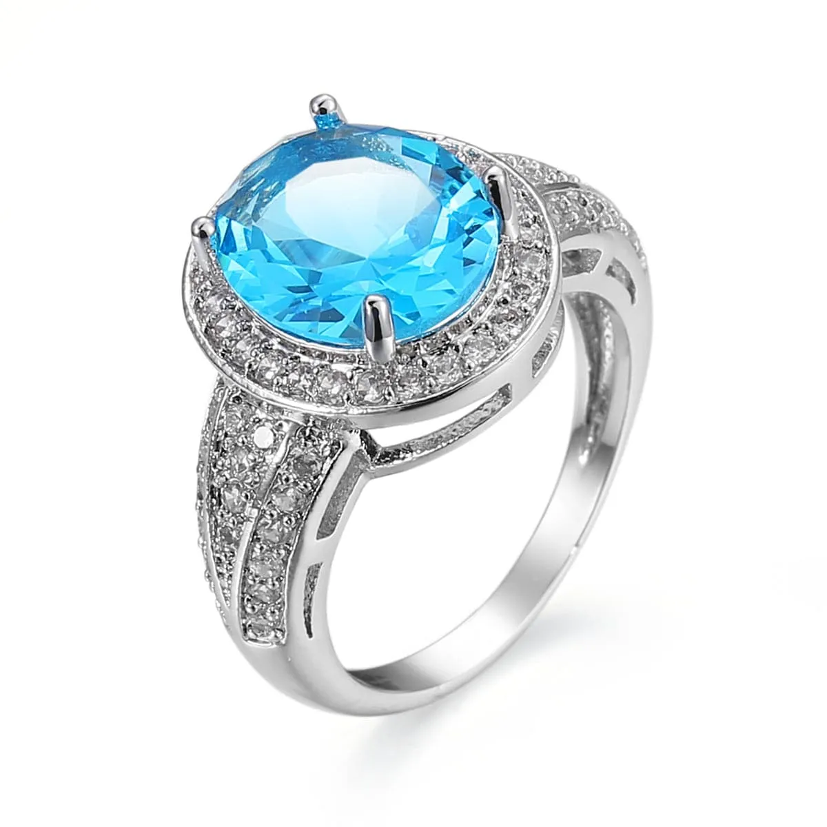 Sea Blue Crystal & Cubic Zirconia Silver-Plated Oval-Cut Ring