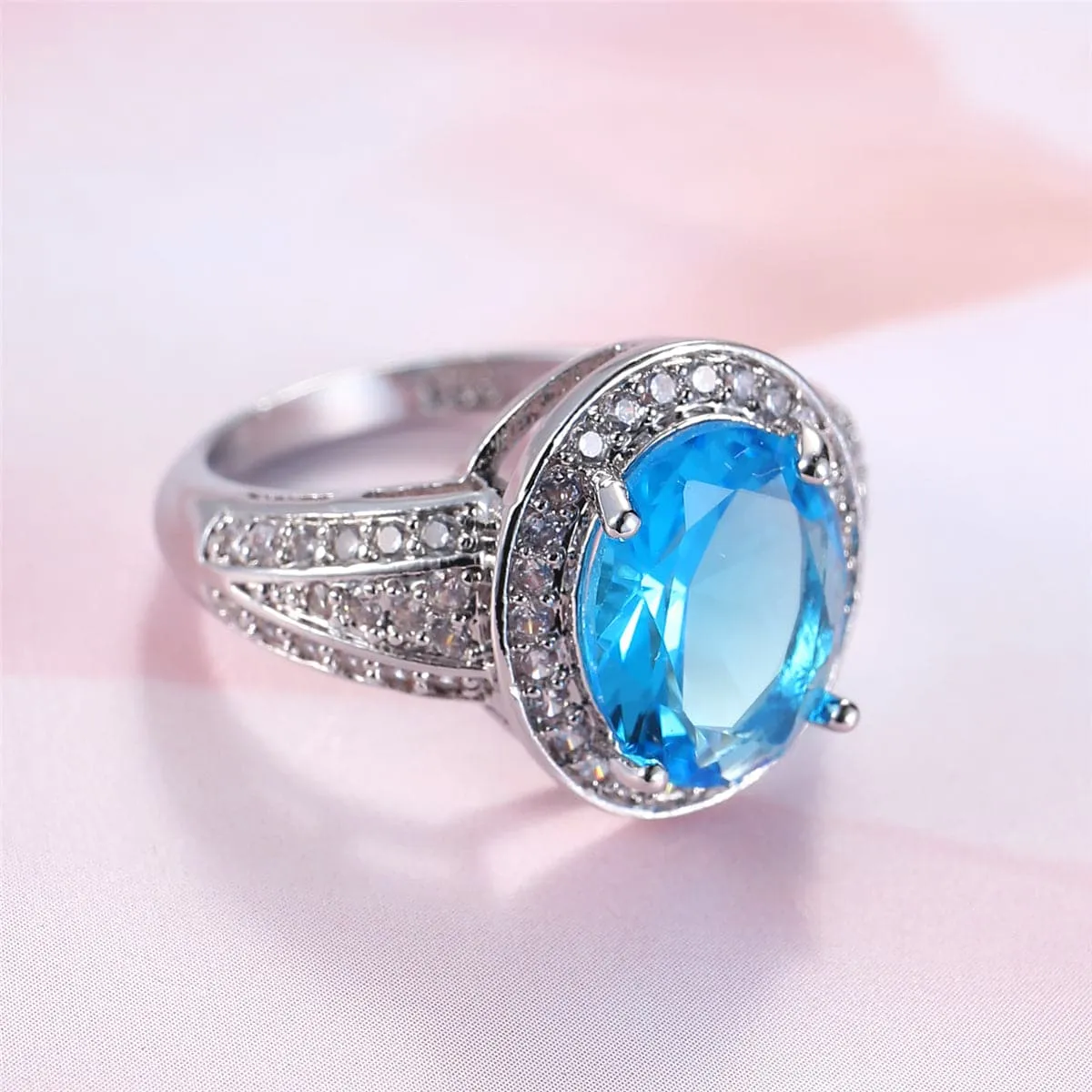 Sea Blue Crystal & Cubic Zirconia Silver-Plated Oval-Cut Ring