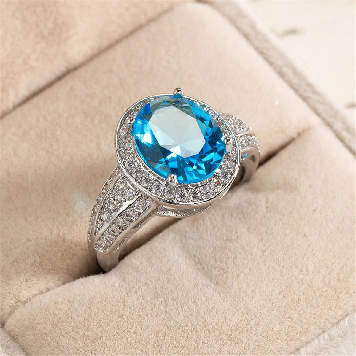 Sea Blue Crystal & Cubic Zirconia Silver-Plated Oval-Cut Ring