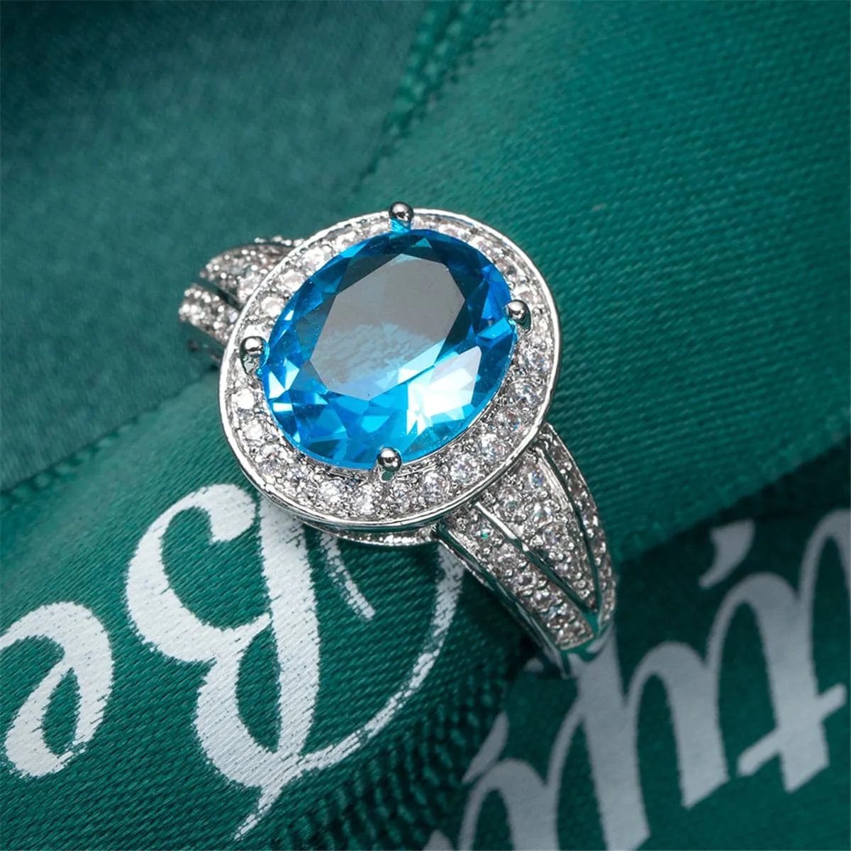 Sea Blue Crystal & Cubic Zirconia Silver-Plated Oval-Cut Ring