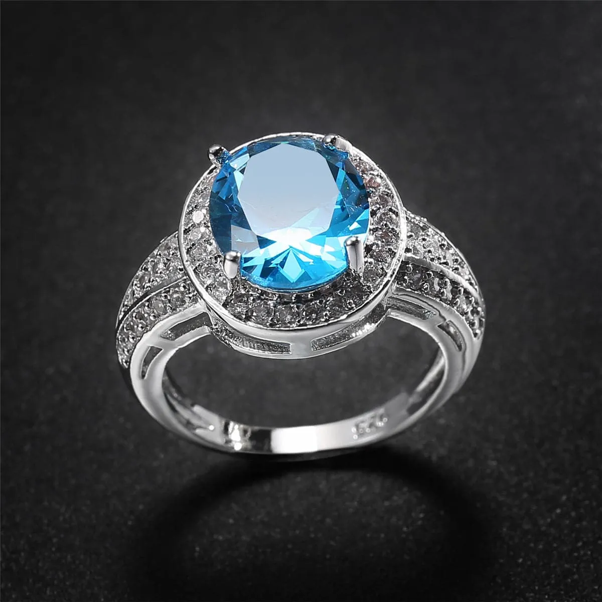 Sea Blue Crystal & Cubic Zirconia Silver-Plated Oval-Cut Ring