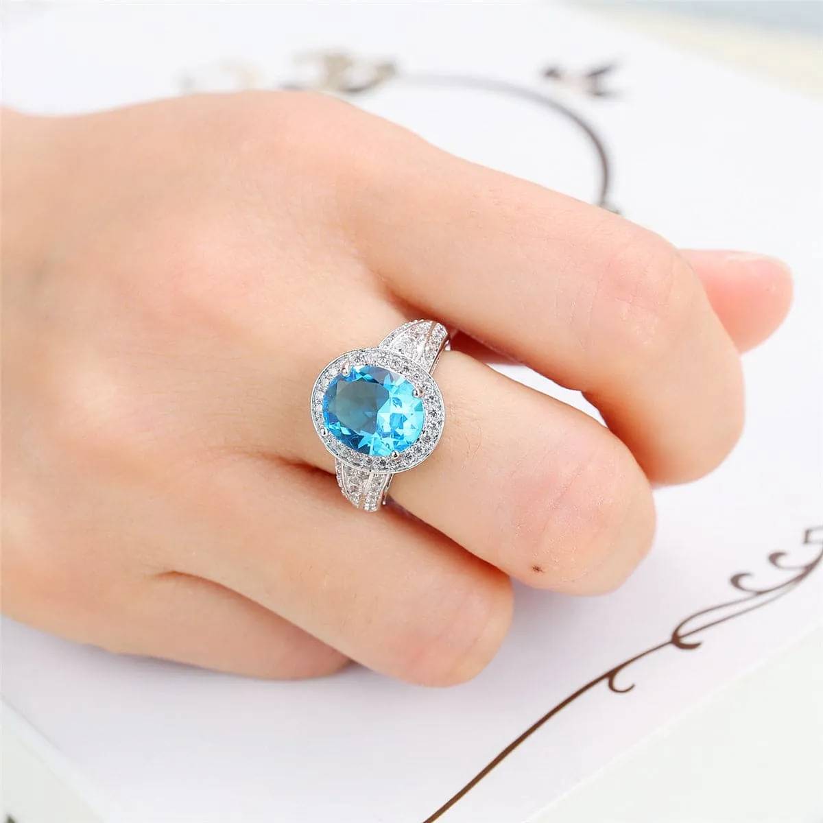 Sea Blue Crystal & Cubic Zirconia Silver-Plated Oval-Cut Ring