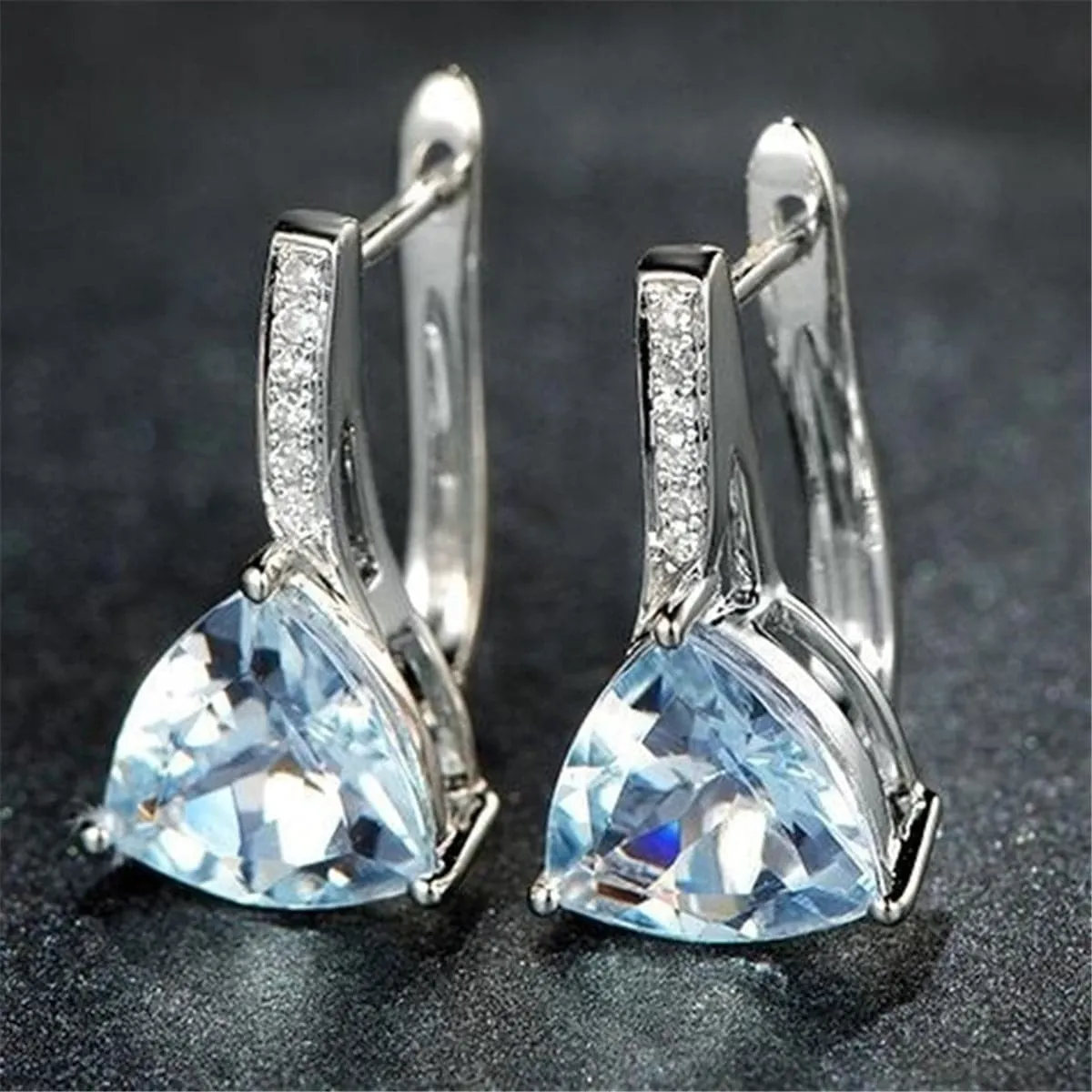 Sea Blue Crystal & Cubic Zirconia Triangle Huggie Earrings