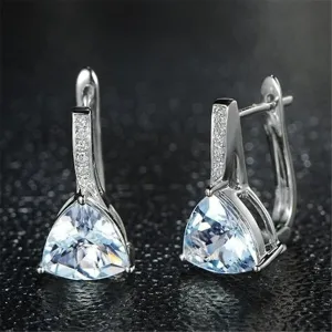 Sea Blue Crystal & Cubic Zirconia Triangle Huggie Earrings