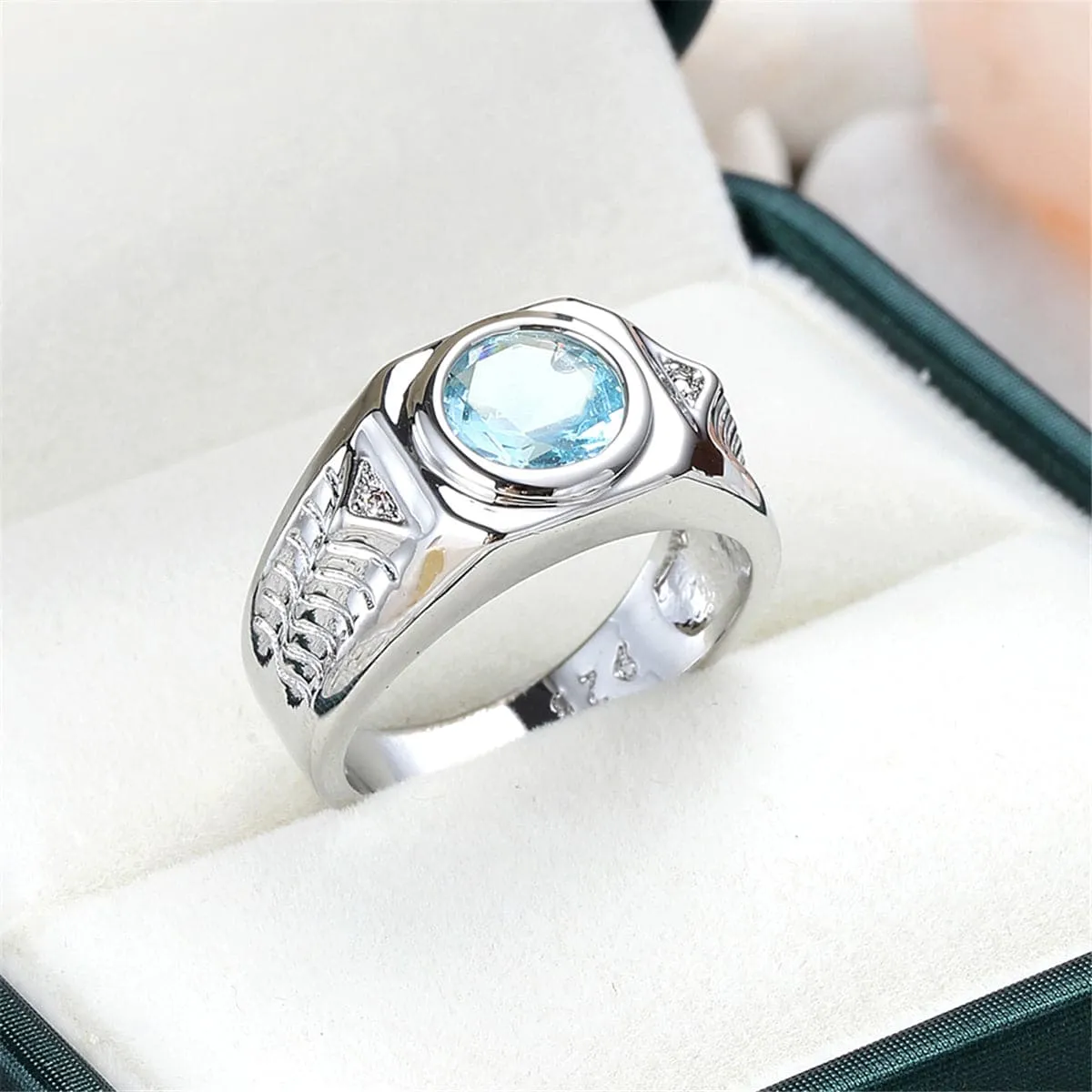 Sea Blue Crystal & Silver-Plated Band Ring