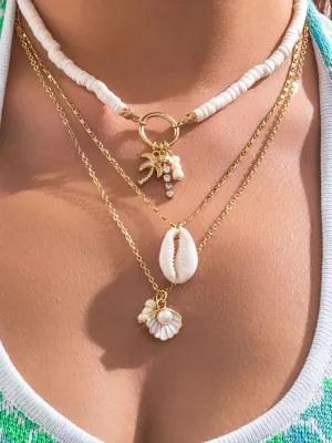 Shell And Sunflower Pendant Multi-layered Necklace