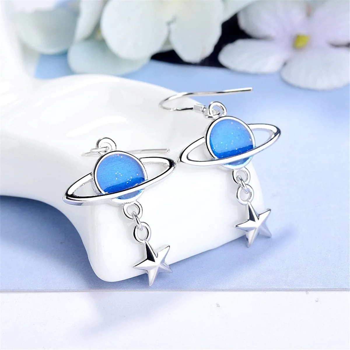 Silver-Plated & Blue Planet Drop Earrings