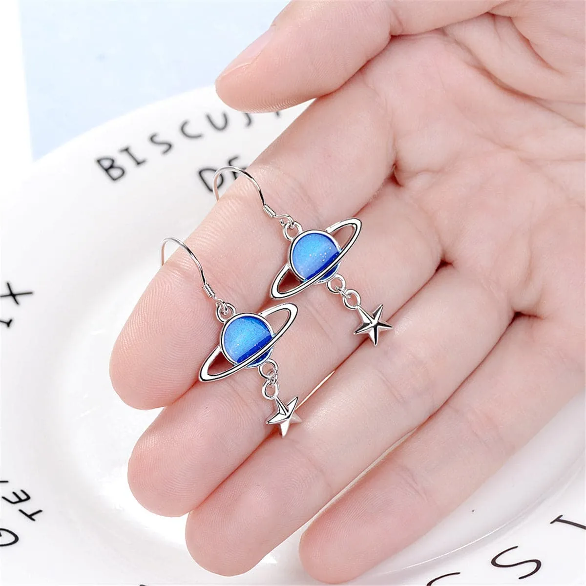 Silver-Plated & Blue Planet Drop Earrings