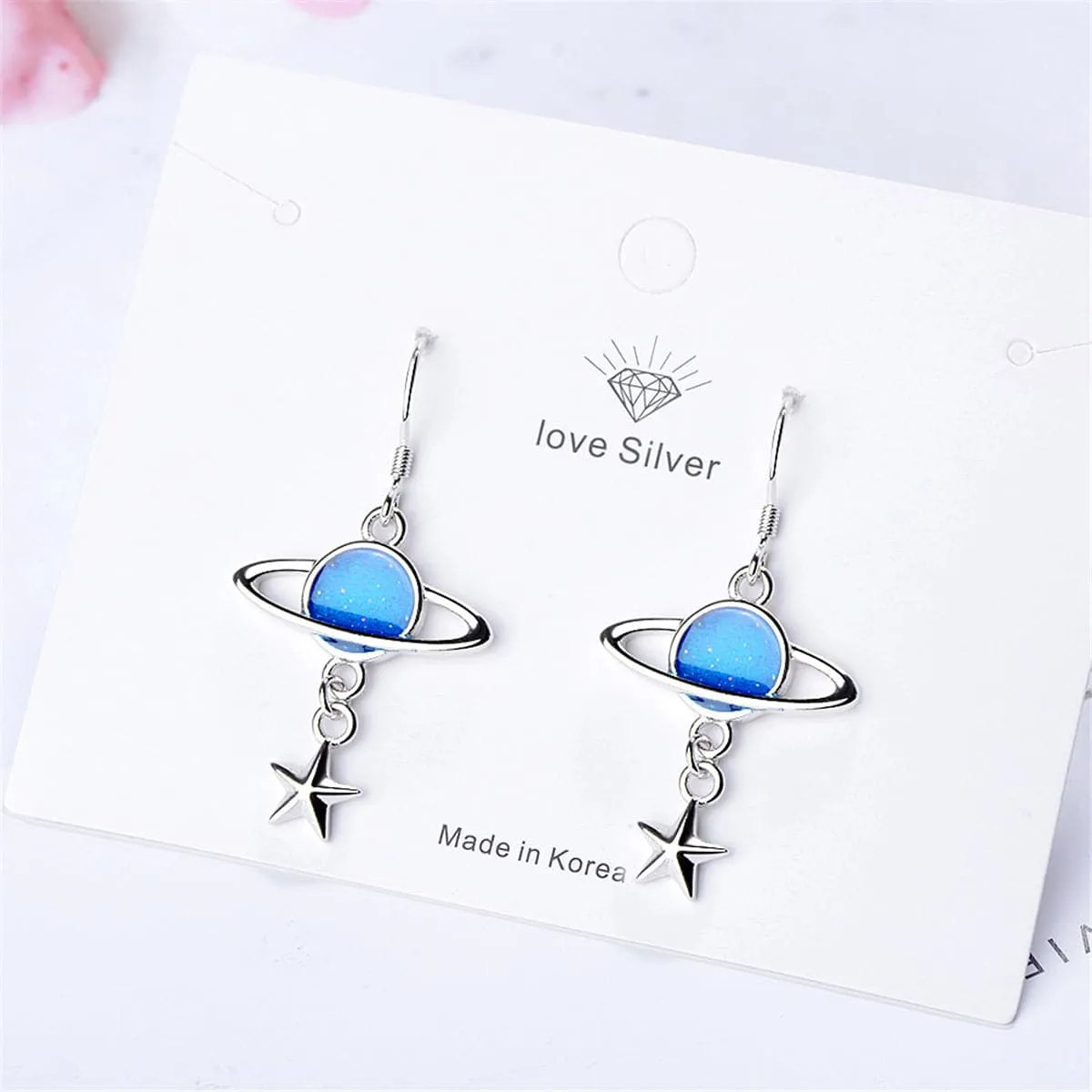 Silver-Plated & Blue Planet Drop Earrings
