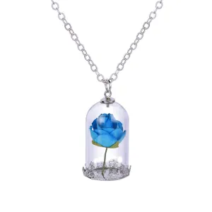 Silver-Plated & Blue Velvet Rose Pendant Necklace