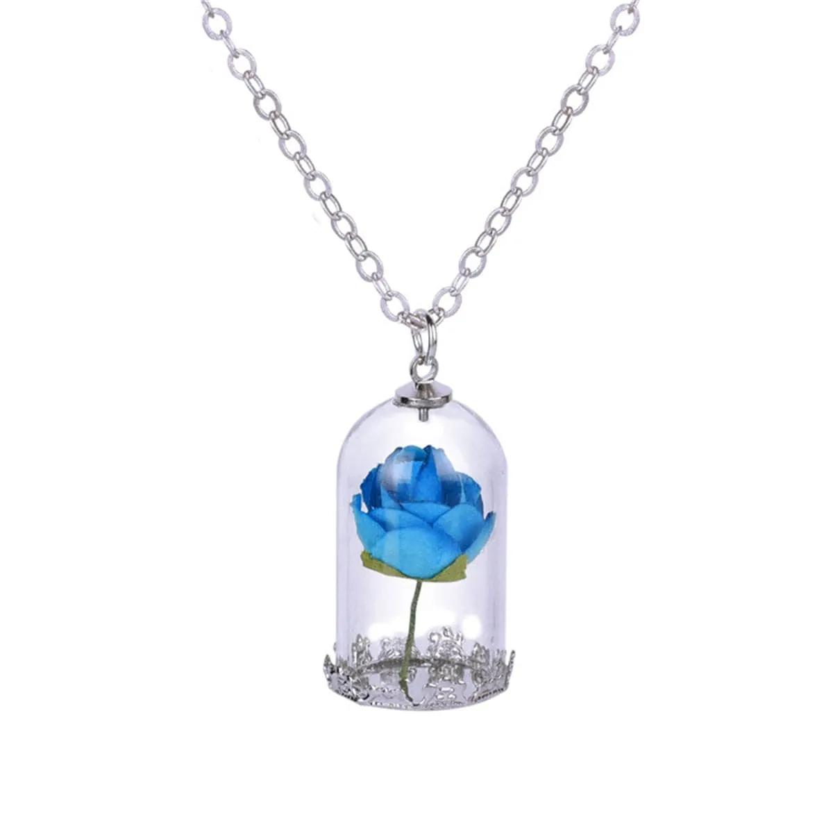 Silver-Plated & Blue Velvet Rose Pendant Necklace