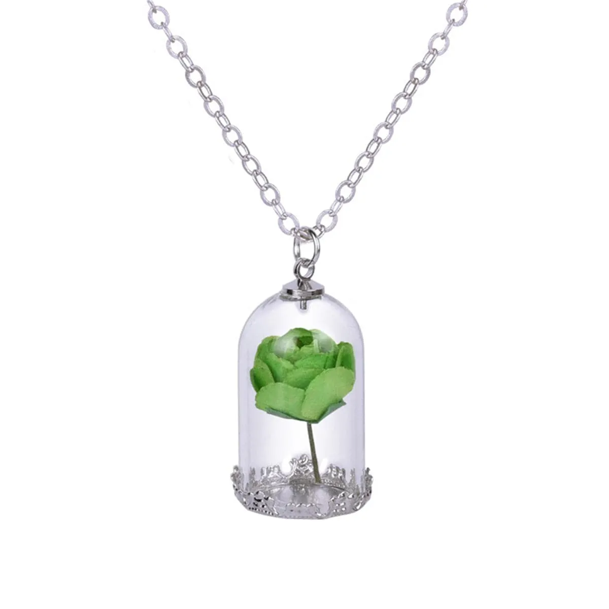 Silver-Plated & Green Velvet Rose Pendant Necklace