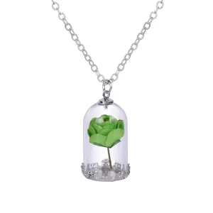 Silver-Plated & Green Velvet Rose Pendant Necklace