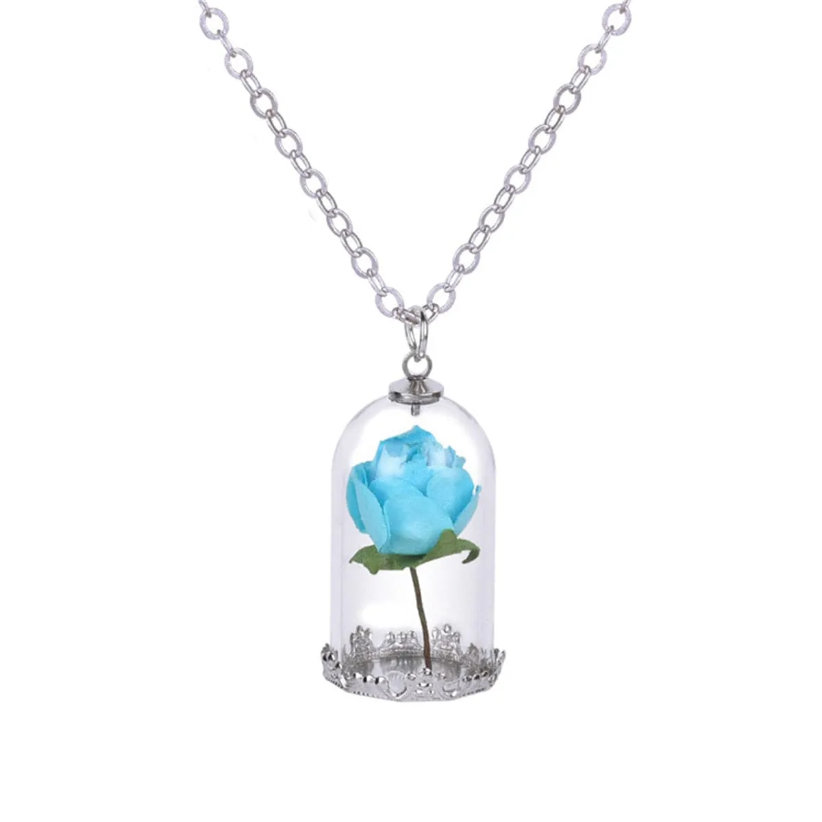 Silver-Plated & Light Blue Velvet Rose Pendant Necklace