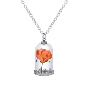 Silver-Plated & Orange Velvet Rose Pendant Necklace