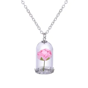 Silver-Plated & Pink Velvet Rose Pendant Necklace