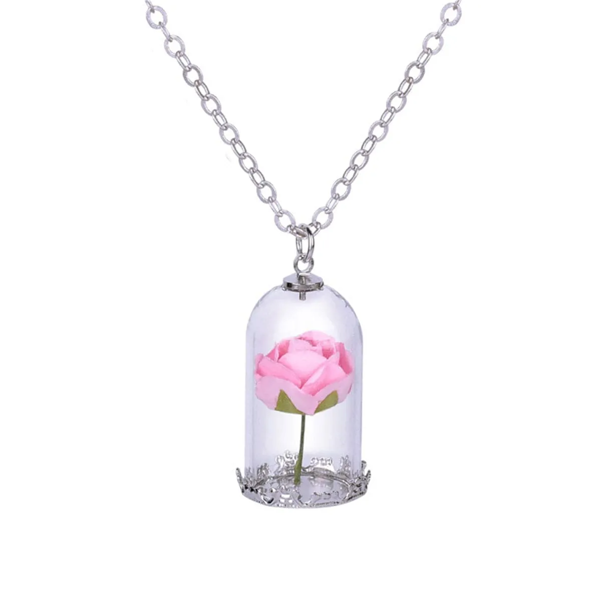 Silver-Plated & Pink Velvet Rose Pendant Necklace