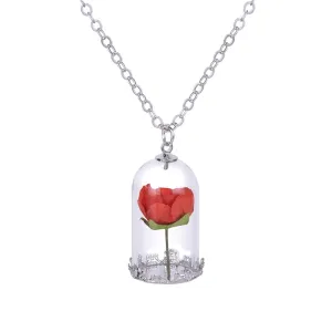 Silver-Plated & Red Velvet Rose Pendant Necklace