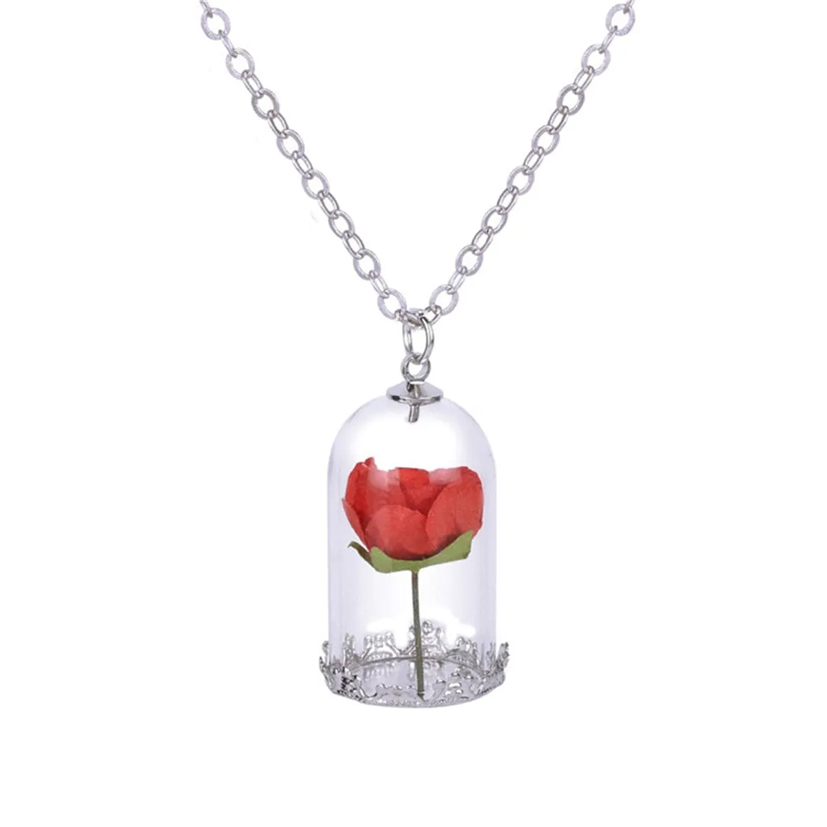 Silver-Plated & Red Velvet Rose Pendant Necklace