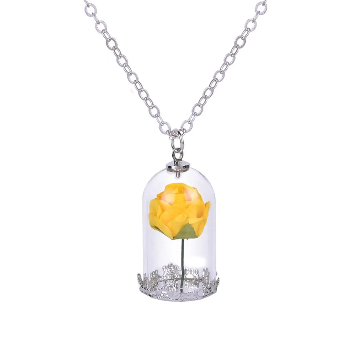 Silver-Plated & Yellow Velvet Rose Pendant Necklace