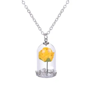 Silver-Plated & Yellow Velvet Rose Pendant Necklace