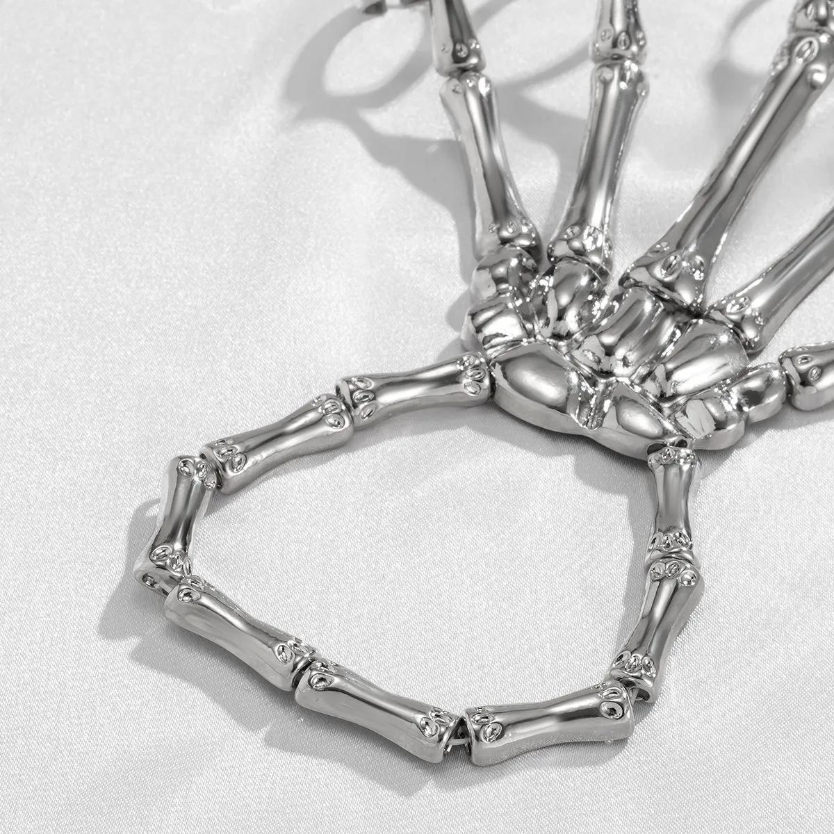 Silver-Plated Skeleton Hand Wrist-To-Ring Bracelet