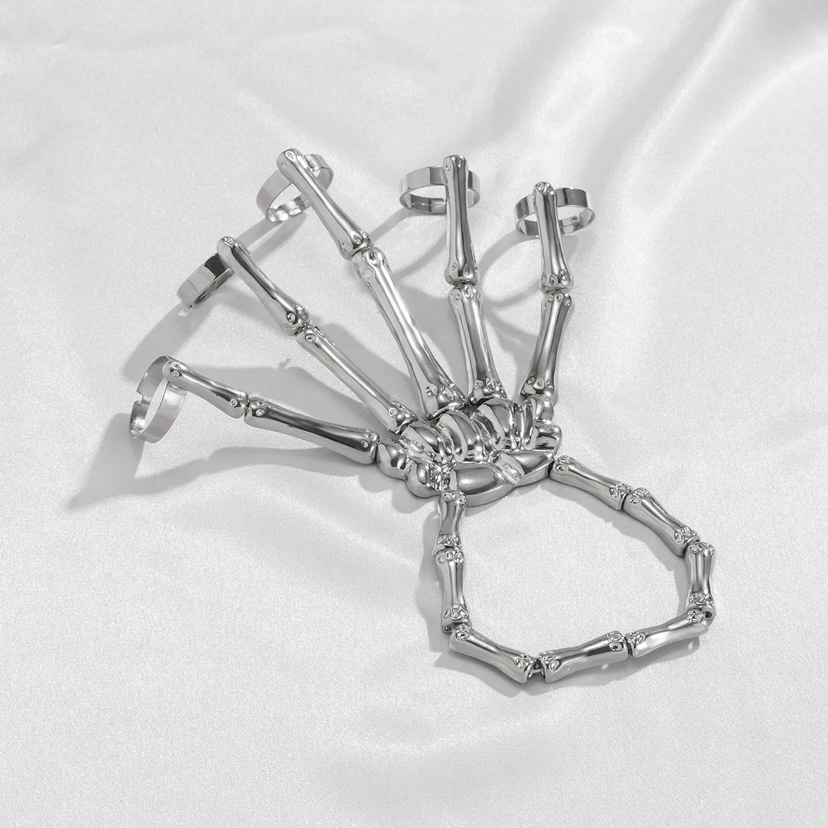 Silver-Plated Skeleton Hand Wrist-To-Ring Bracelet