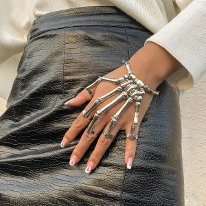 Silver-Plated Skeleton Hand Wrist-To-Ring Bracelet