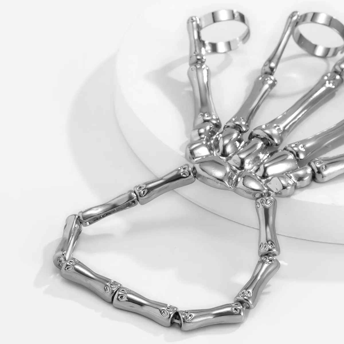 Silver-Plated Skeleton Hand Wrist-To-Ring Bracelet