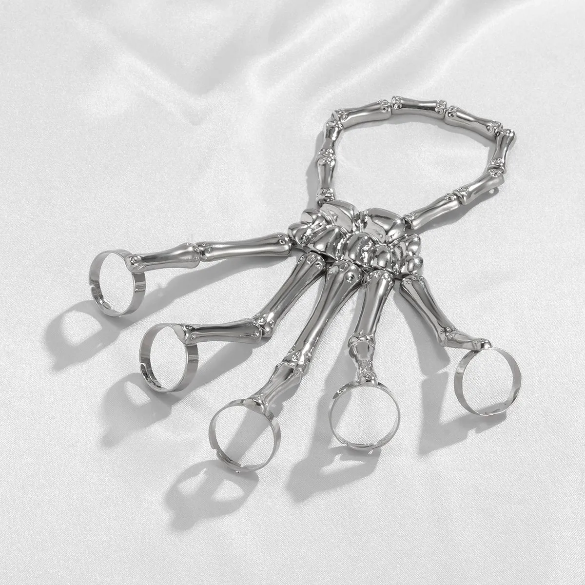 Silver-Plated Skeleton Hand Wrist-To-Ring Bracelet