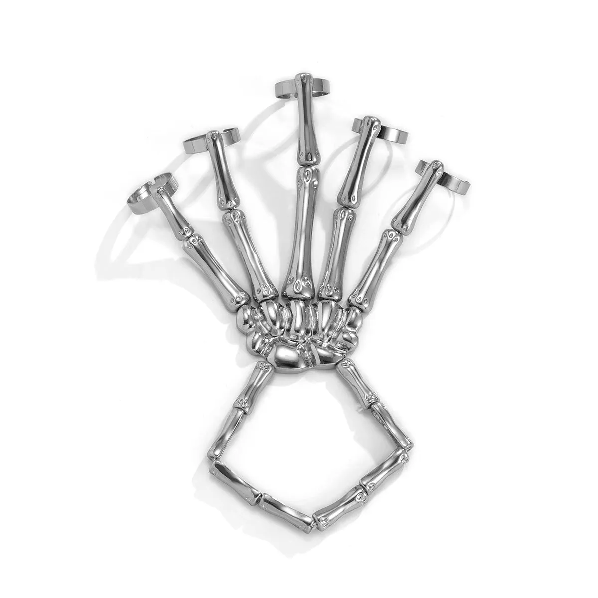 Silver-Plated Skeleton Hand Wrist-To-Ring Bracelet