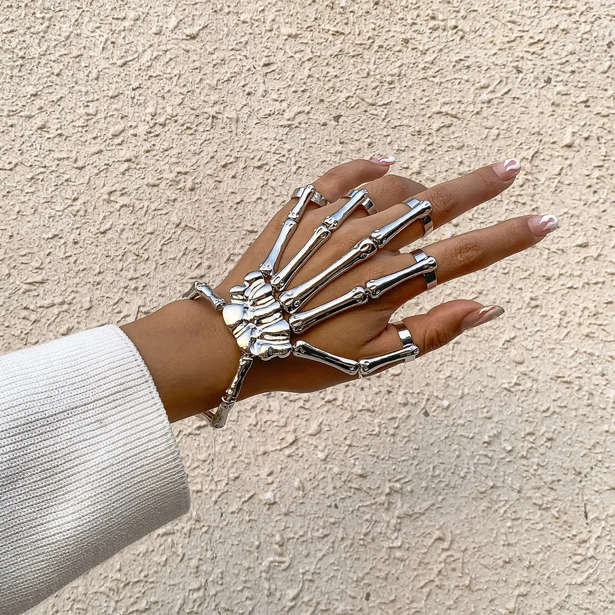 Silver-Plated Skeleton Hand Wrist-To-Ring Bracelet