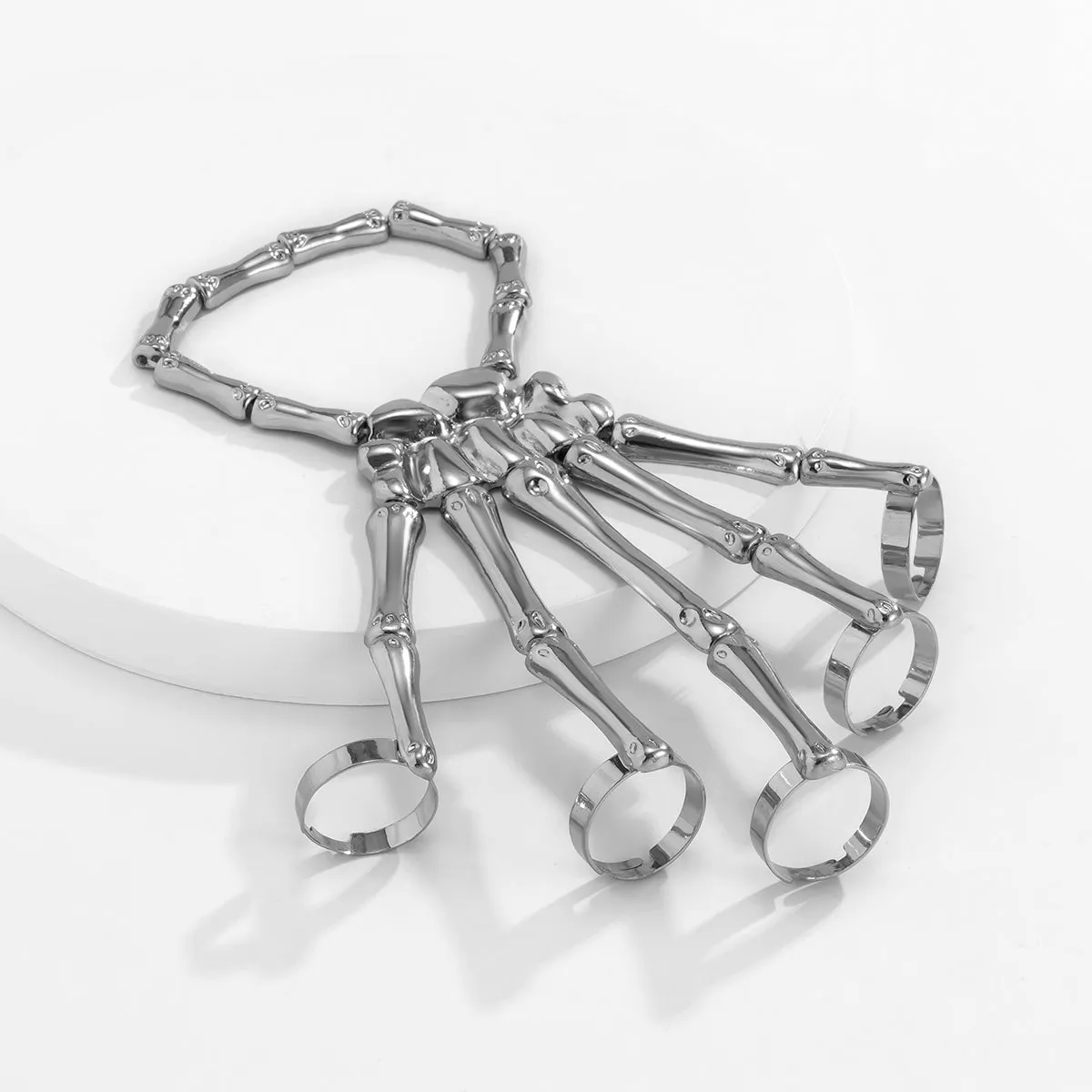 Silver-Plated Skeleton Hand Wrist-To-Ring Bracelet