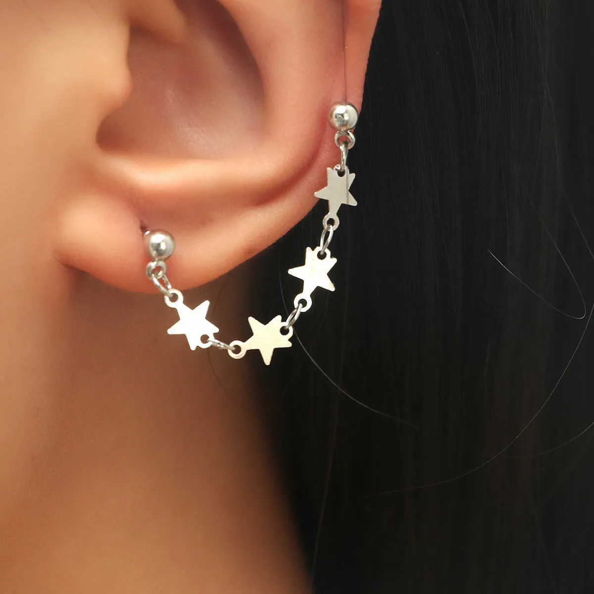 Silver-Plated Star Chain Ear Cuffs
