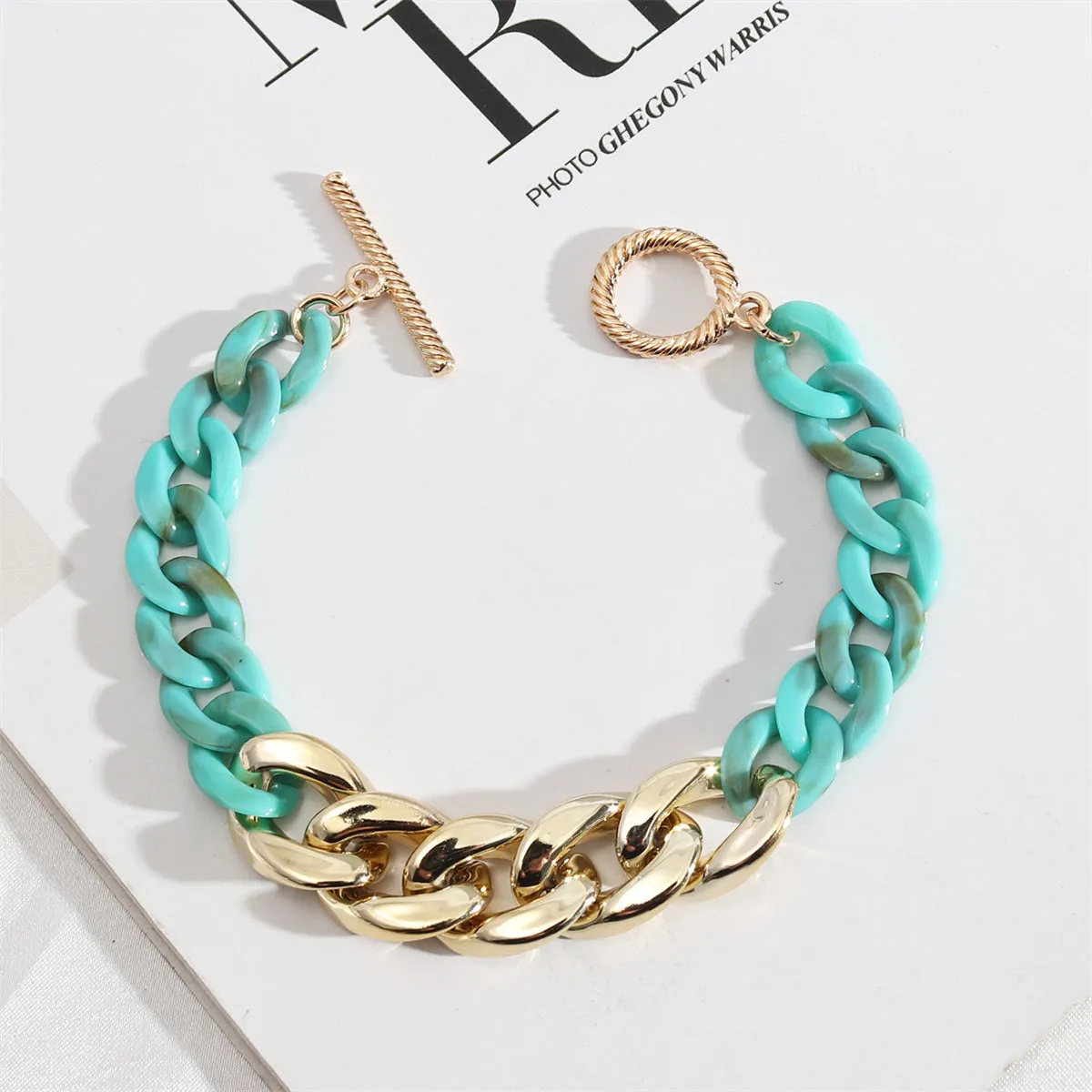 Sky Blue Resin & 18K Gold-Plated Curb Chain Toggle Bracelet